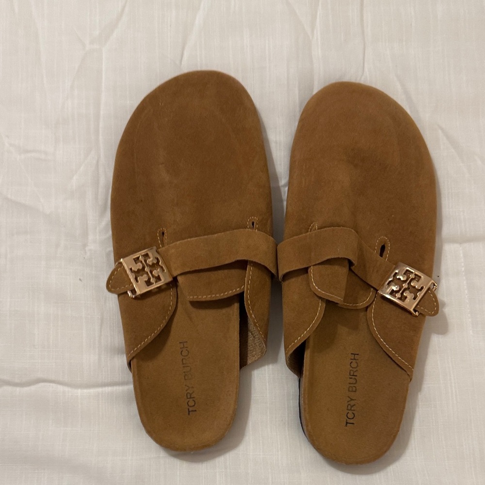 Tory Burch Women's Tan Suede Clog Mules with Gold Logo Buckle